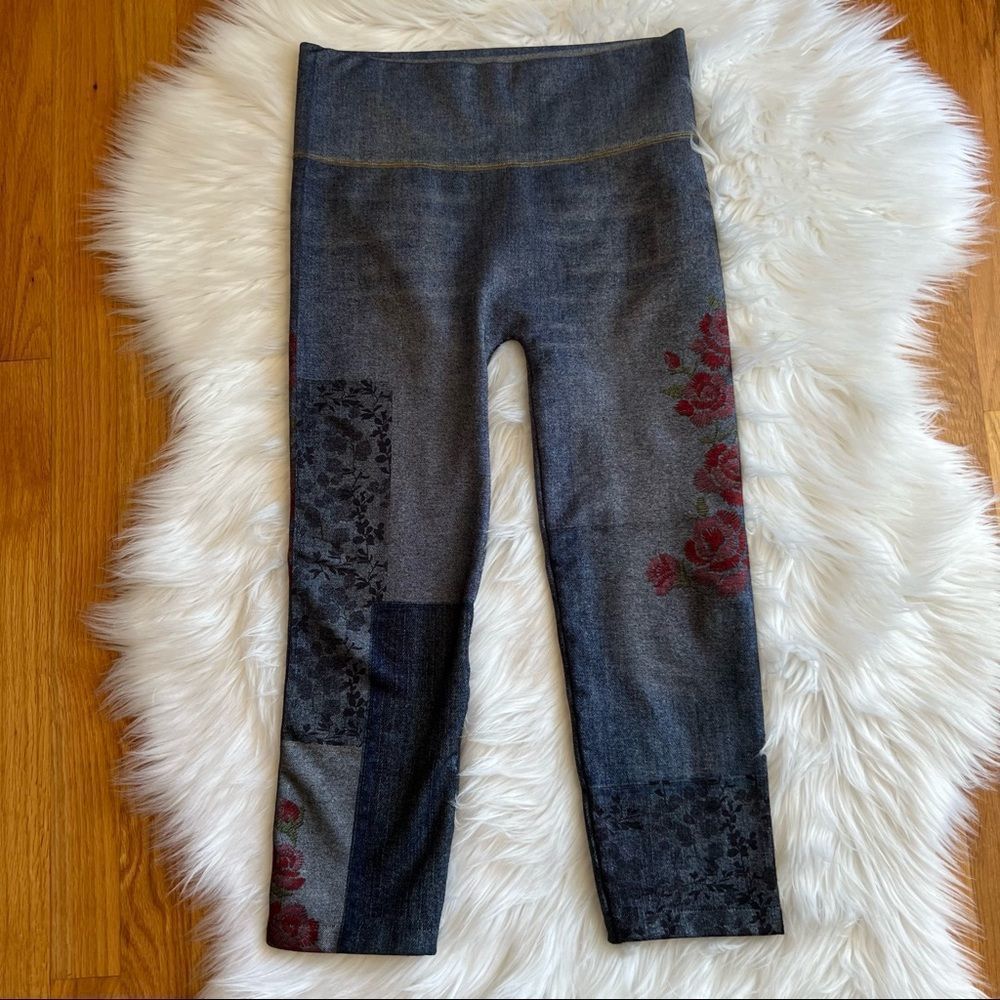 M. Rena Gray Patchwork Leggings with Red Floral Accents